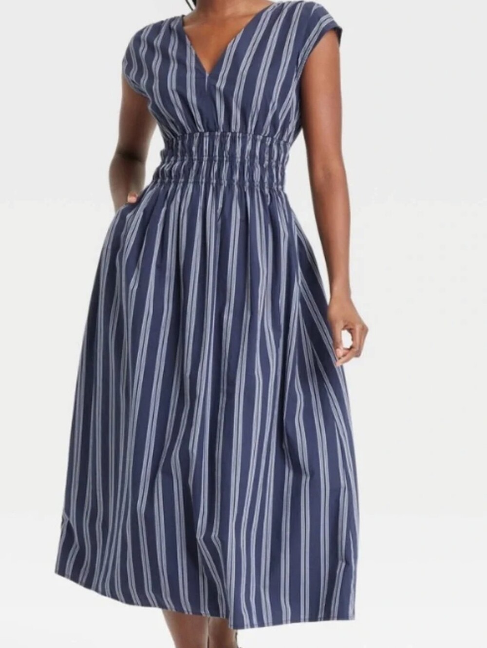 Universal Thread Navy and White Striped Shirred-Waist Midi Dress